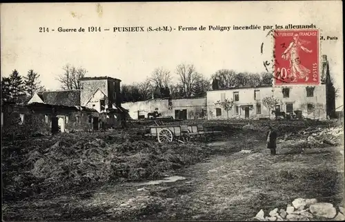 Ak Puisieux Seine-et-Marne, Ferme de Poligny incendiee par les allemands, Kriegszerstörungen, I WK