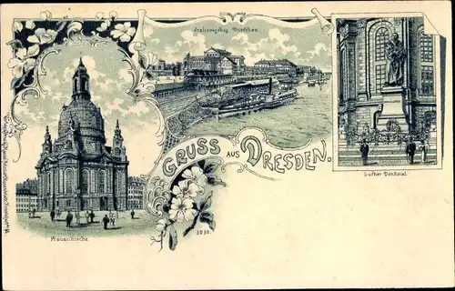 Litho Dresden Zentrum Altstadt, Frauenkirche, Lutherdenkmal, italienisches Dörfchen