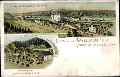 Litho Krumbach Lichtenau in Sachsen, Papier- und Pappenfabrik, Gasthof Wasserschänke