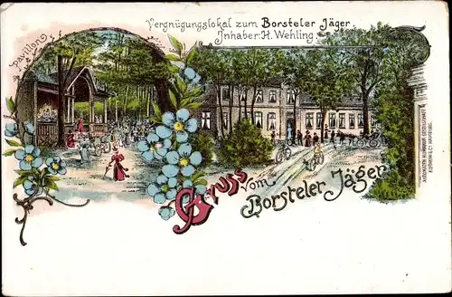 Litho Hamburg Groß Borstel, Vergnügungslokal zum Borsteler Jäger, H. Wehling