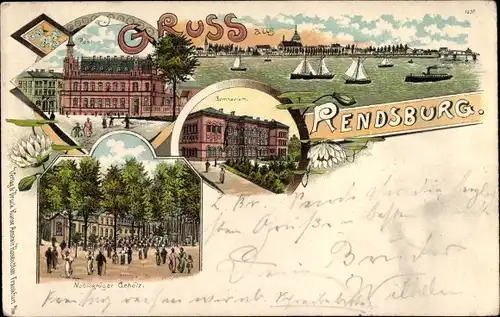 Litho Rendsburg in Schleswig Holstein, Gymnasium, Post, Gasthaus