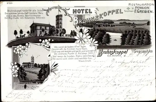 Litho Bruhnskoppel Malente in Ostholstein, Hotel Bruhnskoppel, F. Grebien, Landschaft
