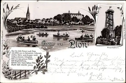 Litho Plön in Holstein, Aussichtsturm, Seepartie, Ruderboote, Blick auf den Ort