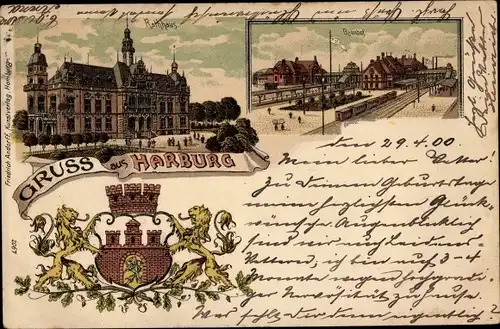 Wappen Litho Hamburg Harburg, Rathaus, Bahnhof, Gleisseite