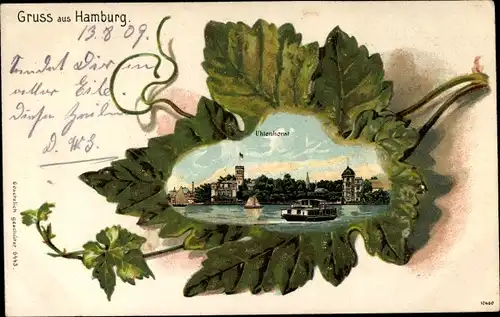 Präge Weinblatt Litho Hamburg Nord Uhlenhorst, Blick vom Wasser aus, Fährhaus