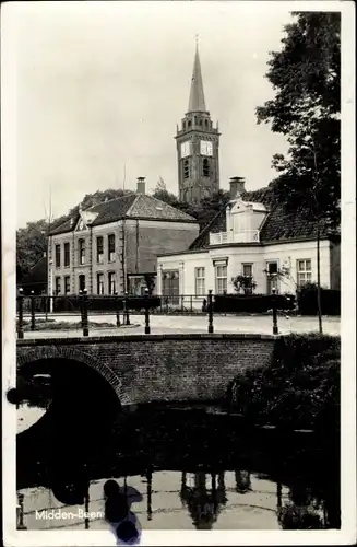 Ak Middenbeemster Midden Beemster Nordholland Niederlande, Teilansicht, Kirche, Brücke