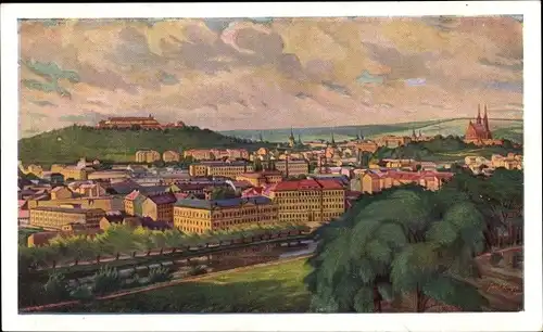 Künstler Ak Kousek, Jarosl., Brno Brünn Südmähren, Totalansicht der Ortschaft