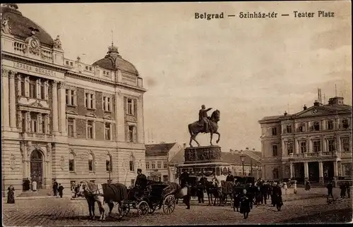 Ak Belgrad Beograd Serbien, Theaterplatz, Kutsche, Reiterstandbild