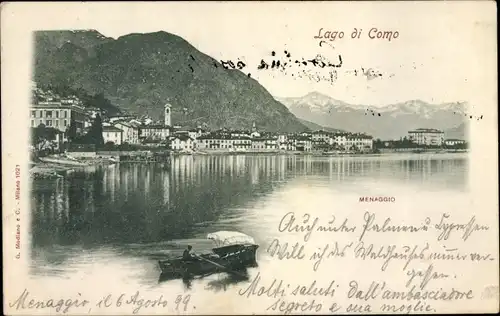 Ak Menaggio Lago di Como Lombardia, Ruderboot, Blick auf den Ort