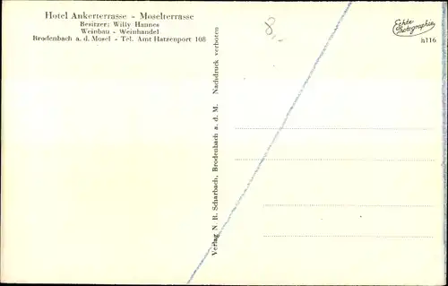 Ak Brodenbach an der Terrassenmosel, Hotel Anker Terrasse, Bes. Willy Hannes