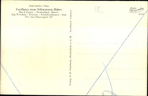 Ak Brodenbach an der Terrassenmosel, Gasthaus Schwarzer Ritter, Zeichnung v. Ritter, Bes. J. Gasser