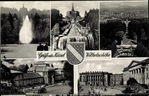 Ak Bad Wilhelmshöhe Kassel in Hessen, Schloss, Große Fontaine, Herkules u. Kaskaden, Wappen