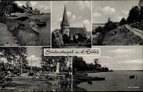 Ak Süderstapel Stapel Schleswig Holstein, Kirche, Strand, Ehrenmal