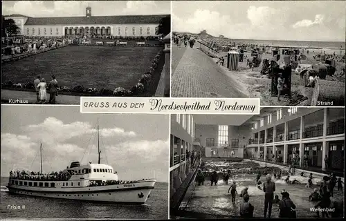 Ak Norderney in Ostfriesland, Kurhaus, Frisia II, Wellenbad, Strand