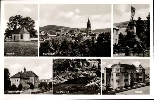 Ak Hardheim im Odenwald Baden Panorama, Denkmal, Schloss, Alpengarten, Kapelle, Erholugsheim