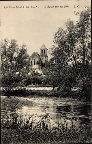 Ak Montigny sur Loing Seine et Marne, L'Eglise vue des Pres