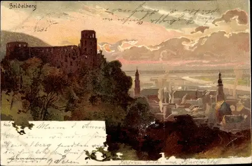 Künstler Litho Kley, Heinrich, Heidelberg am Neckar, Schloss, Stadt