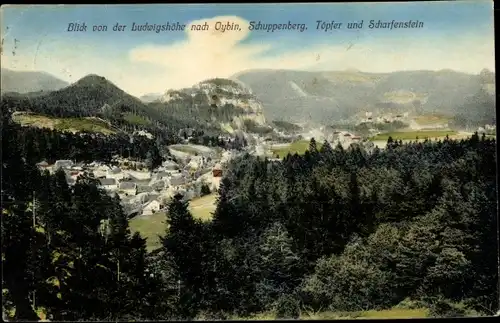 Ak Oybin in der Oberlausitz, Panorama, Schuppenberg, Töpfer, Scharfenstein