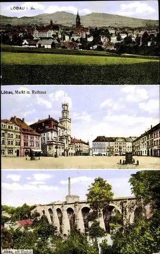 Ak Löbau in Sachsen, Panorama, Marktplatz, Rathaus, Viadukt