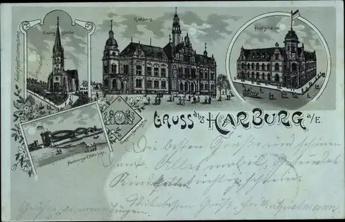 Mondschein Litho Hamburg Harburg, Rathaus, Ev. Kirche, Postgebäude