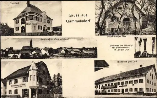 Ak Gammelsdorf in Oberbayern, Gasthaus zur Post, Denkmal, Pfarrhof, Kolonialwarenhandlung