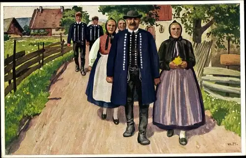 Künstler Ak Schwarzwald, Schwäbische Trachten, Männer, Frauen