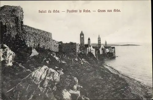 Ak Rab Arbe Kroatien, Stadtmauer, Blick auf den Ort