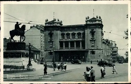 Ak Belgrad Beograd Serbien, Narodno pozoriste i spomenik, Nationaltheater, Reiterdenkmal