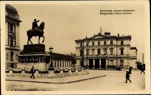 Ak Belgrad Beograd Serbien, Narodno pozoriste i spomenik, Nationaltheater, Reiterdenkmal