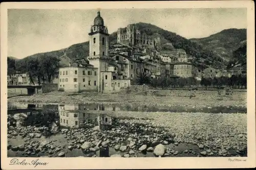 Ak Dolceacqua Liguria, Dolce Aqua, Blick zum Ort hin, Kirche, Burgruine