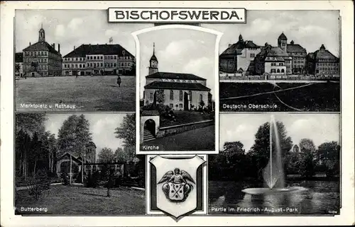 Ak Bischofswerda in Sachsen, Marktplatz, Rathaus, Deutsche Oberschule, Butterberg, Kirche, Wappen