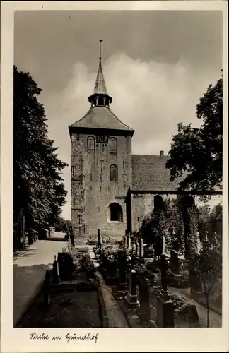 Ak Grundhof in Angeln, Blick auf die Kirche mit Friedhof