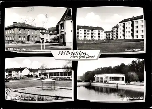 Ak Mörfelden Walldorf in Hessen, Wald Schwimmbad, Neues Viertel, Rathaus, Kindergarten