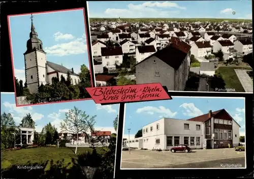 Ak Biebesheim am Rhein, Ev. Kirche, Kindergarten, Kulturhalle, Panorama