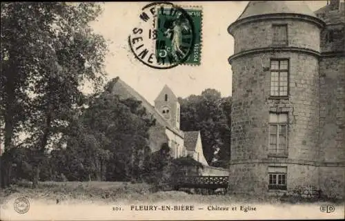 Ak Fleury en Bière Seine et Marne, Château et Église