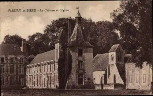 Ak Fleury en Bière Seine et Marne, Chateau et l'Eglise