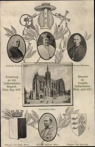 Passepartout Ak Metz Moselle, Congres Eucharistique 1907, Geistliche, Kathedrale, Wappen, Bischof