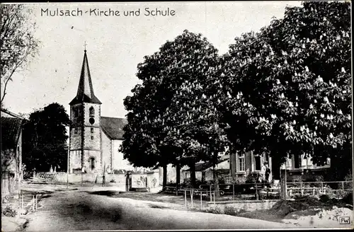 Ak Moussey Mulsach Lothringen Moselle, Kirche und Schule, Straßenpartie