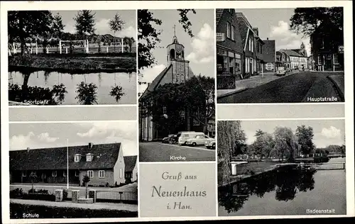 Ak Neuenhaus in Niedersachsen, Hauptstraße, Kirche, Badeanstalt, Sportplatz, Schule