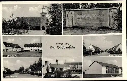 Ak Neu Büddenstedt Helmstedt in Niedersachsen, Ehrenmal, Turnhalle, Schule, Rathausplatz