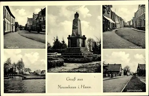 Ak Neuenhaus in Niedersachsen, Hauptstraße, Bahnhofstraße, Kriegerdenkmal, Dinkelpartie