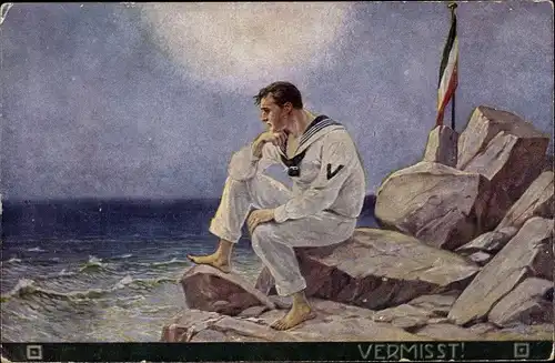 Künstler Ak Vermisst, Schiffbrüchiger deutscher Seemann auf einem Felsen am Meer