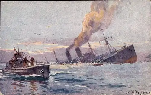 Künstler Ak Stöwer, Willy, Deutsches U Boot, Versenkung eines Truppentransportdampfers, I WK