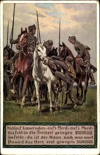 Lied Künstler Ak Hey, Paul, Unsere Feldgrauen, Soldatenliederkarte 12, Wohlauf Kameraden aufs Pferd