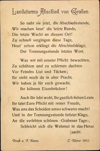 Gedicht Ak Klorer, Landsturms Abschied vom Graben