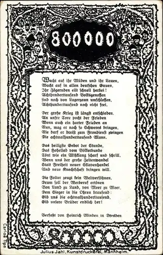 Gedicht Ak Minden, H., 800000, Wacht auf ihr Müden, Volksbund zum Schutz deutscher Kriegsgefangener