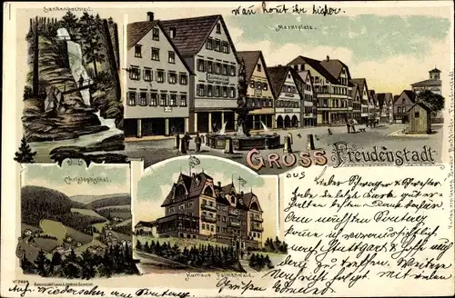 Litho Freudenstadt im Nordschwarzwald, Marktplatz, Kurhaus Palmenwald, Sankenbachfall