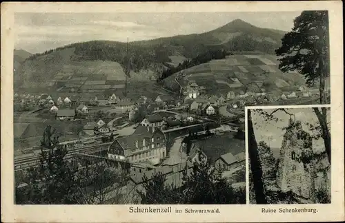 Ak Schenkenzell im Schwarzwald, Ruine Schenkenburg, Blick auf den Ort, Bahnhof