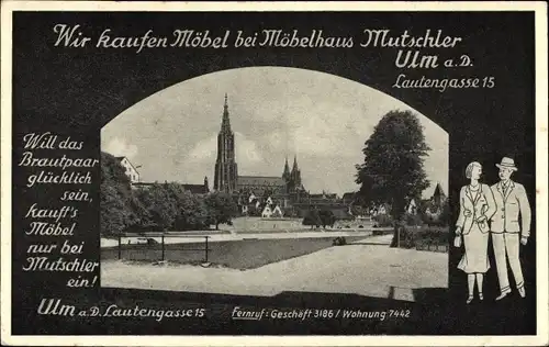 Passepartout Ak Ulm an der Donau Baden Württemberg, Möbelhaus Mutschler, Lautengasse 15, Münster