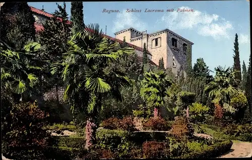 Ak Ragusa Dubrovnik Kroatien, Lokrum, Schloss Lacroma mit Palmen, Photochromie Purger 8968